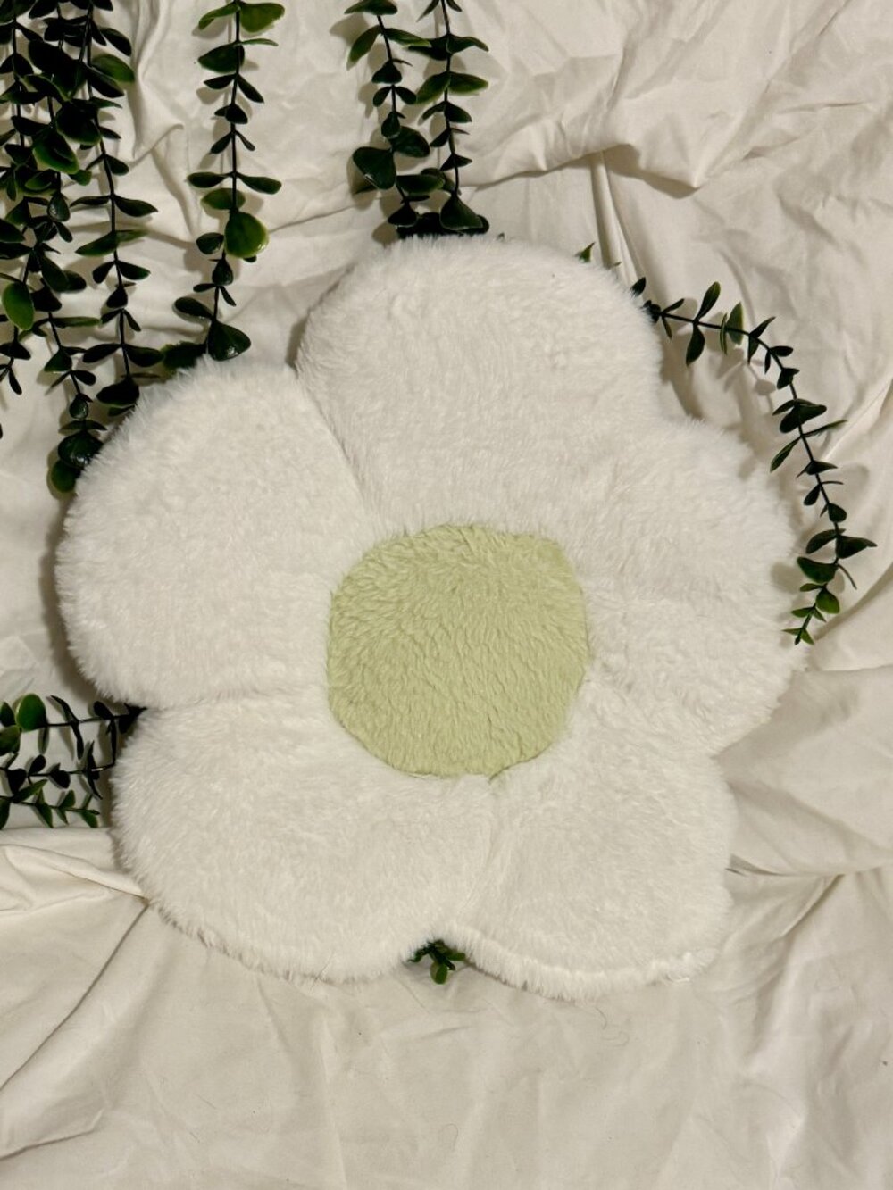 Plush Off-White & Sage Green Daisy Flower Accent Throw Pillow 15”